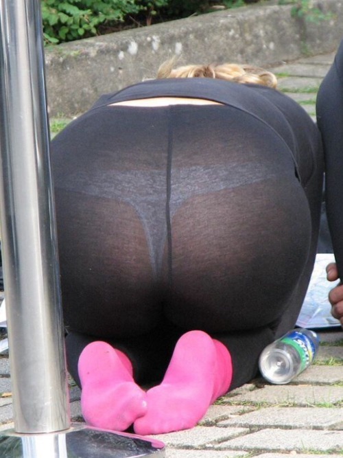Black see-through leggings and white lace thongs