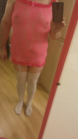 pink lingerie white thigh highs