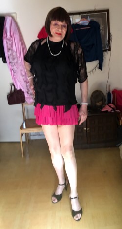Ruffled chiffon top and lovely slippery cerise short skirt