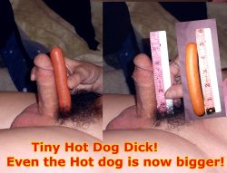 Hairy pussy Femboy leslie shows her tiny erect micro cock next to a hot dog! It looks like the h ...