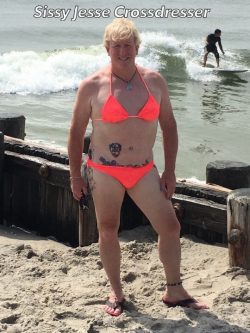 I AM SISSY JEFF, KNOWN AS SISSY JESSE WEARING A BIKINI ON THE SHORE FOR ALL THE BOYS TO SEE
