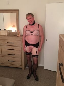 Sissy Jeff in bra, garter and stockings