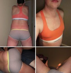 How does sissy look in her panties and sports bra?