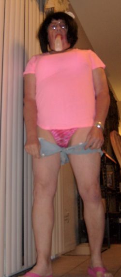 Sissy Boi ready to fasten his cute little short shorts will practicing her oral technique