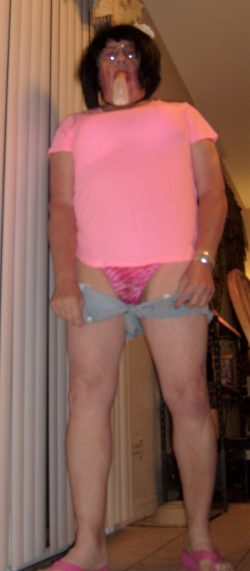 Sissy Boi ready to fasten his cute little short shorts will practicing her oral technique
