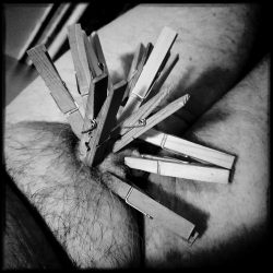 There’s a tiny cock underneath those clothespins…