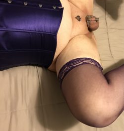 My pee pee is locked and I’m dressed in purple lingerie, ready to take big dicks. How about you?