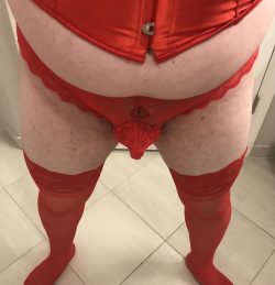 In chastity and sissy panties. That pouch is very saggy with nothing to fill it.