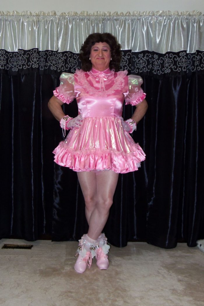 Posing in my pretty Satin-Organza Sissy Maid Dress