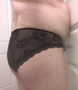 Cucky in pretty black lace panties. He certainly doesn’t wear briefs or boxers.