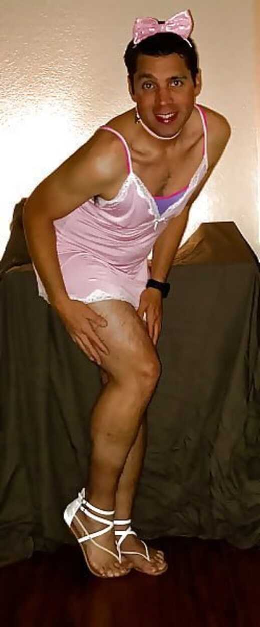 Swishy Sissy in pink and no wig for humiliation