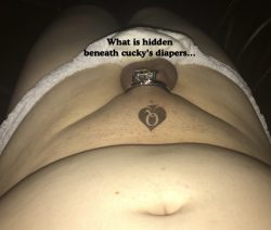 Queen of Spades tattoo and micro chastity lie beneath cucky’s diapers.