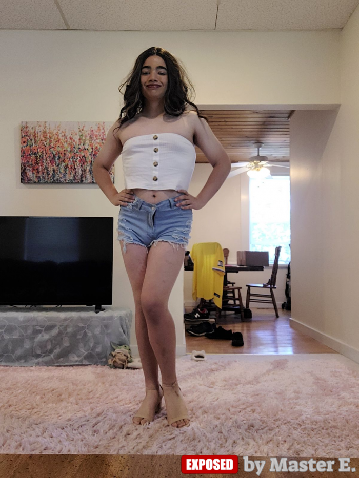 Sissy Hannah Jizzelle posing in her short cut-off jeans, strapless shirt and new heels!