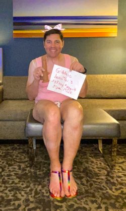 Exposed Mark with no wig, in panties, cute pride sandals, pink lipstick and professing his prope ...