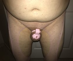 Sissy cucky all pretty in pink chastity and rhinestone stockings.