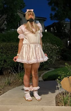 Yes…I am a sissy, with satin sissy panties around my ankles, posing outside with a penis g ...