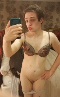 Sissy snaps a selfie with his pussy showing