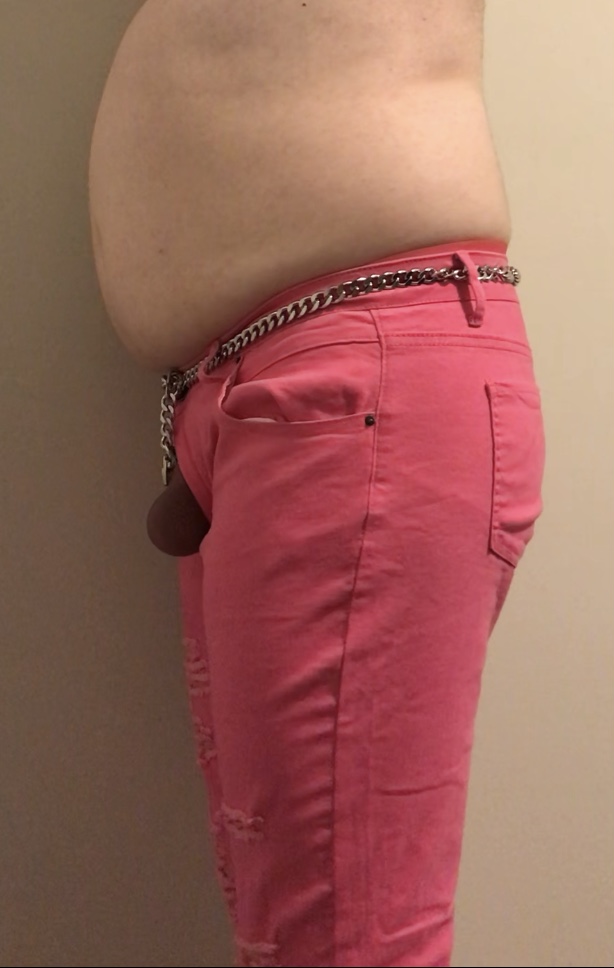 Cucky needed a pair of skinny jeans in a color befitting a micro dick sissy. Pink is good!