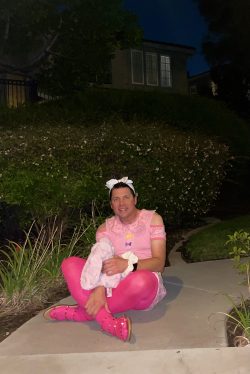 Diapered sissy baby Marky on the porch