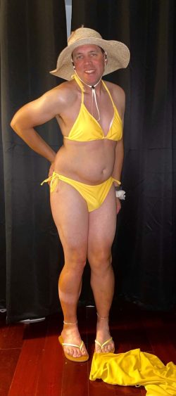 Being a sissy cock tease in a yellow bikini