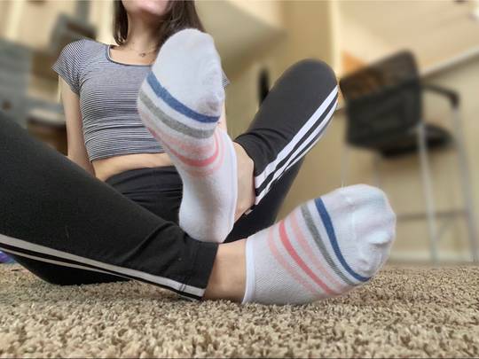 Girl flaunts her stinky sweaty striped ankle socks