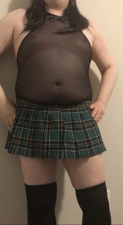 Cucky in her new schoolgirl outfit. Fits perfectly, sissy!