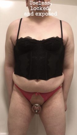Sissy Donna showing her lovely pink crotchless panties and black lace corset top. Are you still  ...
