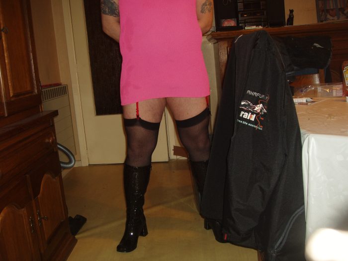 sissy wearing red lingerie & pink dress