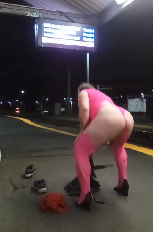 Sissy Daddyfuckpig Masturbating in Public at A Train Station for Mistress E