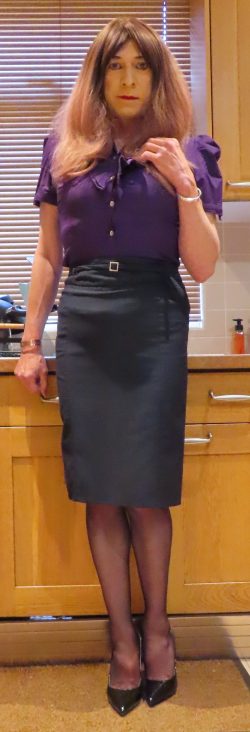Purple Silk Blouse and Pinstripe Skirt