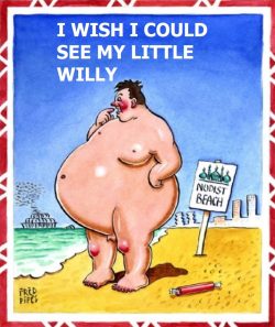 Naked version of a famous traditional UK seaside postcard