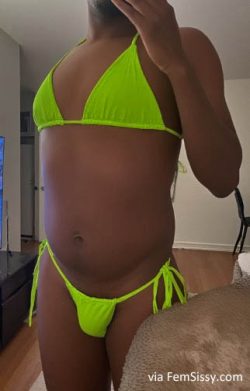 Black Sissy Poses in a Naughty Neon Green Bikini